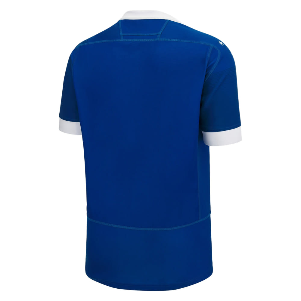 Maglia da rugby Manu Samoa Home 2023-24: vista posteriore della maglia ufficiale blu con dettagli bianchi.