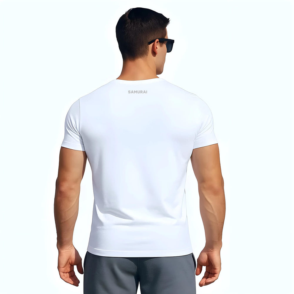 T-shirt sportiva da uomo Samurai bianca a manica corta, vista dal retro.