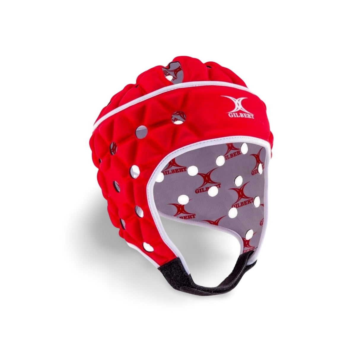Caschetto da rugby Gilbert AIR rosso e bianco con logo Gilbert.