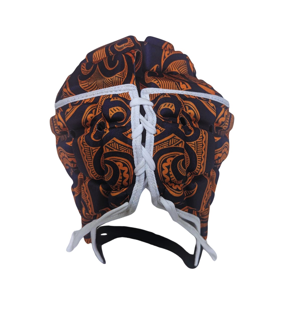 Caschetto da rugby Impact Maori blu-arancio con lacci bianchi.