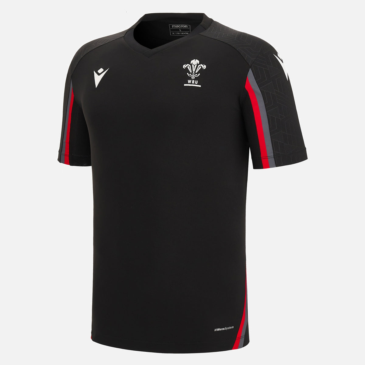 T-shirt allenamento Galles Macron nera in poliestere con dettagli rossi e grigi.