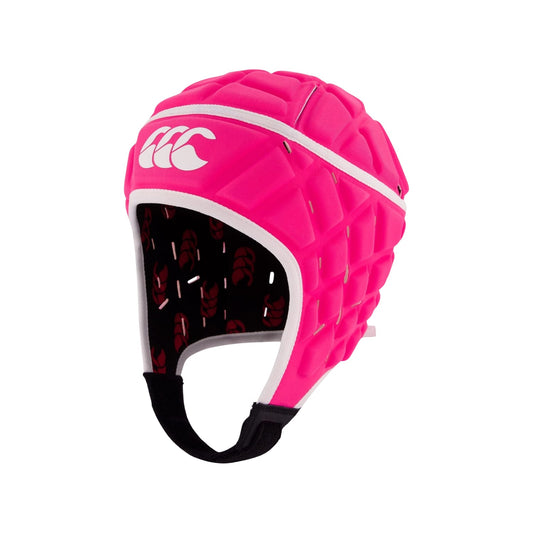 Caschetto da rugby Canterbury RAZE rosa fluo con logo bianco.
