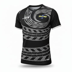 Maglietta da rugby per bambini Hurricanes Pro Home, nera con dettagli grafici tribali e logo.