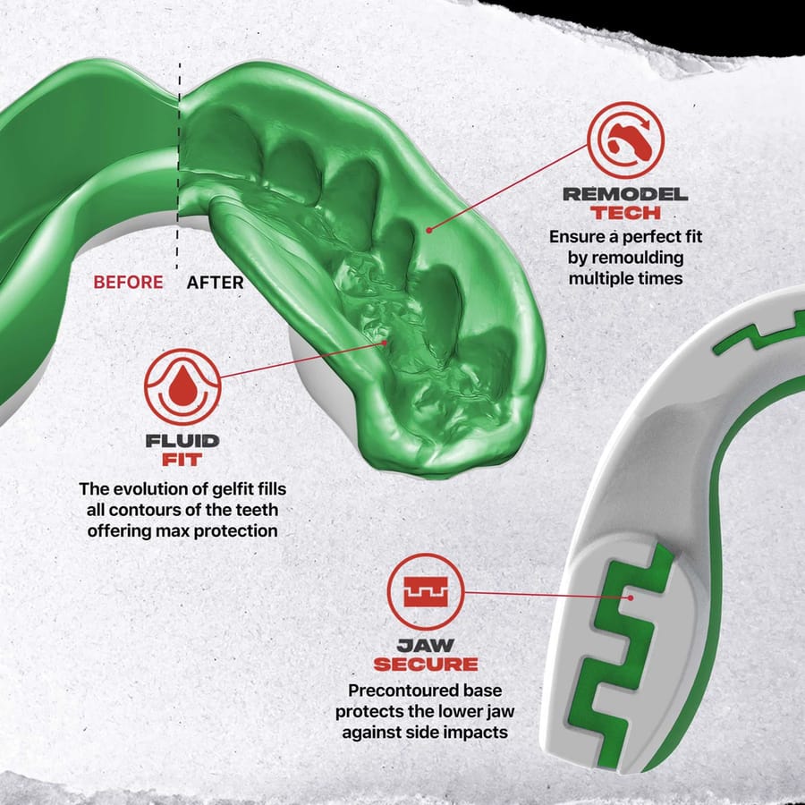 Paradenti Safejawz Italia verde: tecnologia Remodel Tech e Fluid Fit per massima protezione.