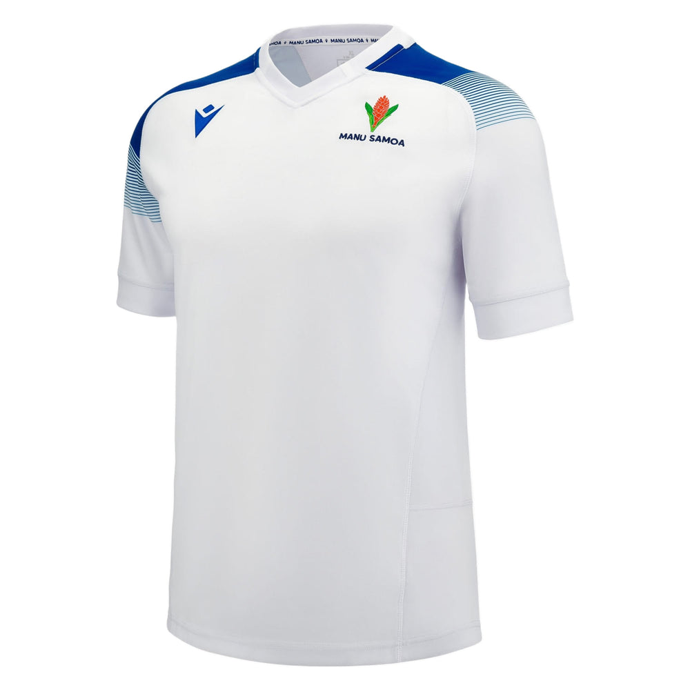 Maglia da rugby da trasferta per ragazzi del Manu Samoa 2023-24: maglia bianca con dettagli blu, abbigliamento ufficiale della squadra del Manu Samoa.