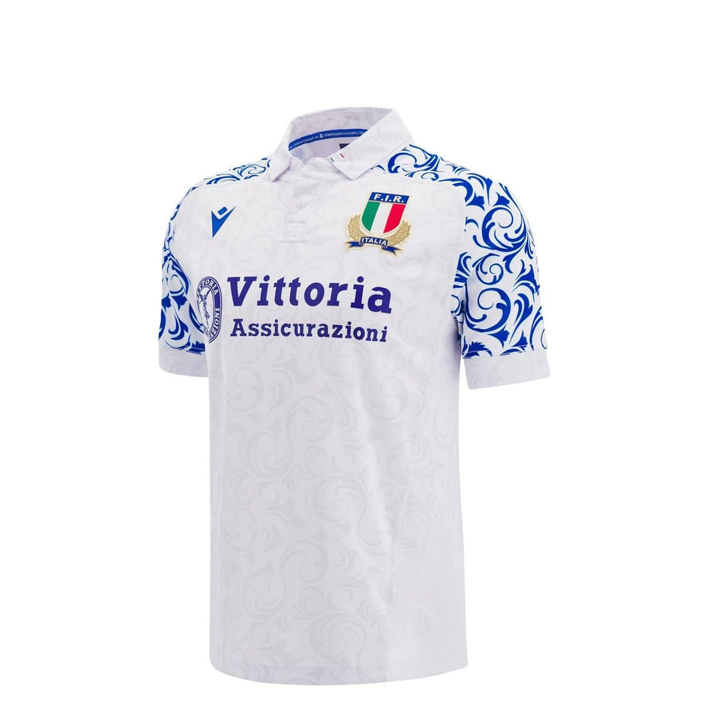 Maglia replica PRO da trasferta della nazionale di rugby italiana 2025: maglia ufficiale da rugby Vittoria Assicurazioni bianca con dettagli blu.