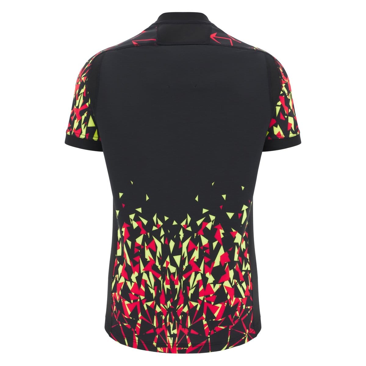 Maglia training rugby Galles 2026 nera con grafica geometrica rossa e gialla.