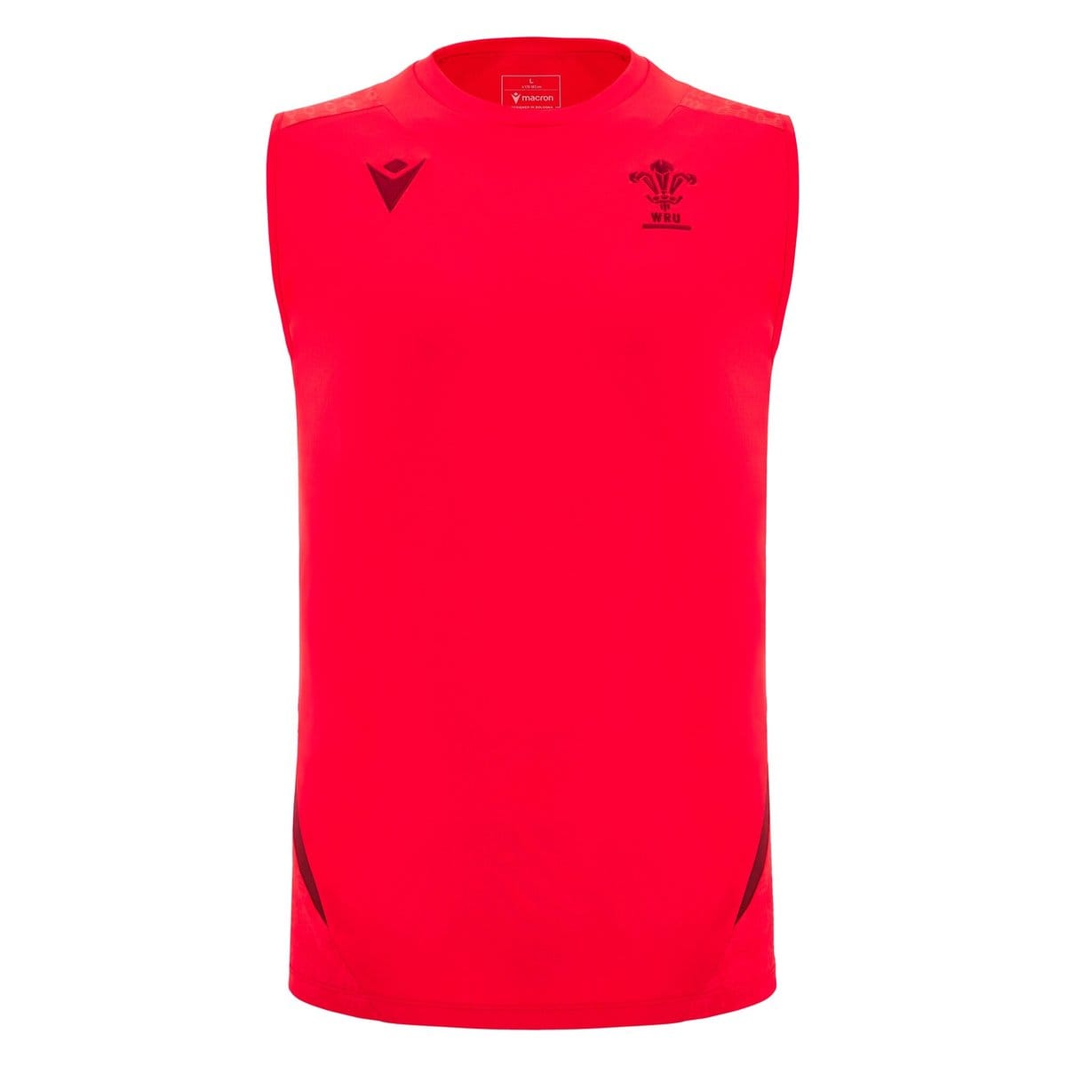 Maglia smanicata da allenamento rugby Galles Macron rossa, con stemma WRU.