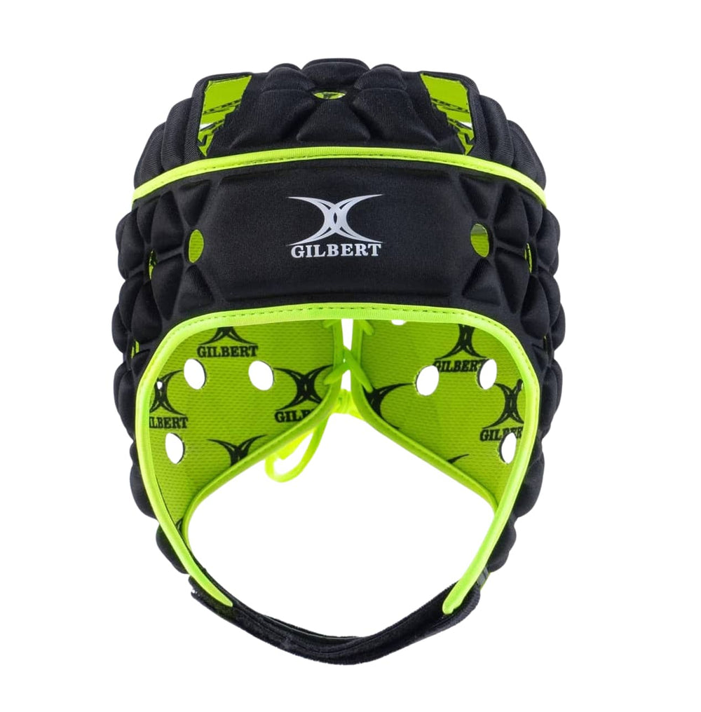 Caschetto da rugby Gilbert AIR nero e lime, con logo Gilbert.