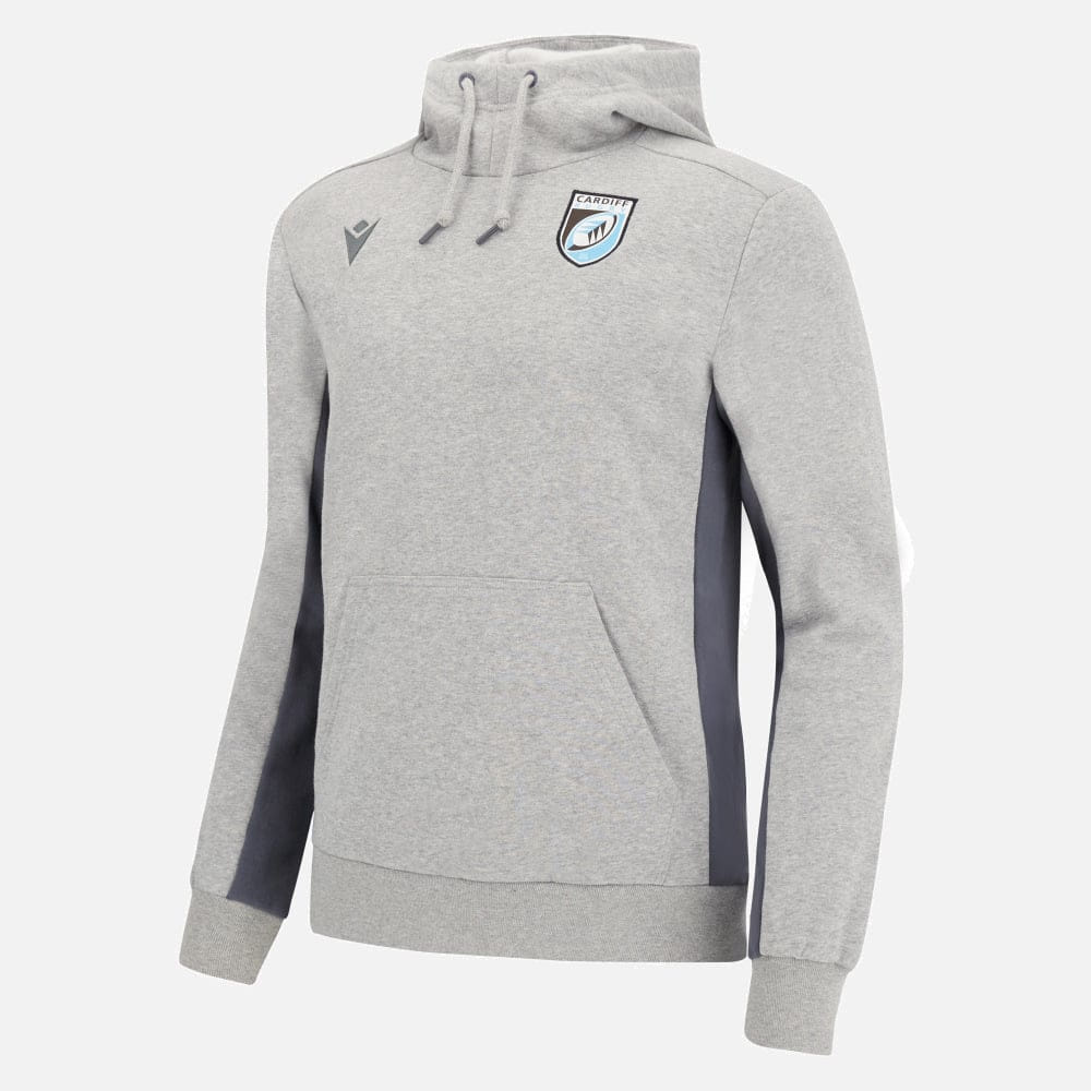 Felpa grigia da viaggio Cardiff Blues Rugby con cappuccio e inserti blu scuro.