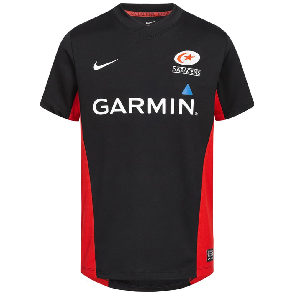 Maglia da rugby ufficiale Nike Saracens per bambini: design nero e rosso, logo della squadra, sponsor Garmin. Abbigliamento da allenamento per ragazzi.