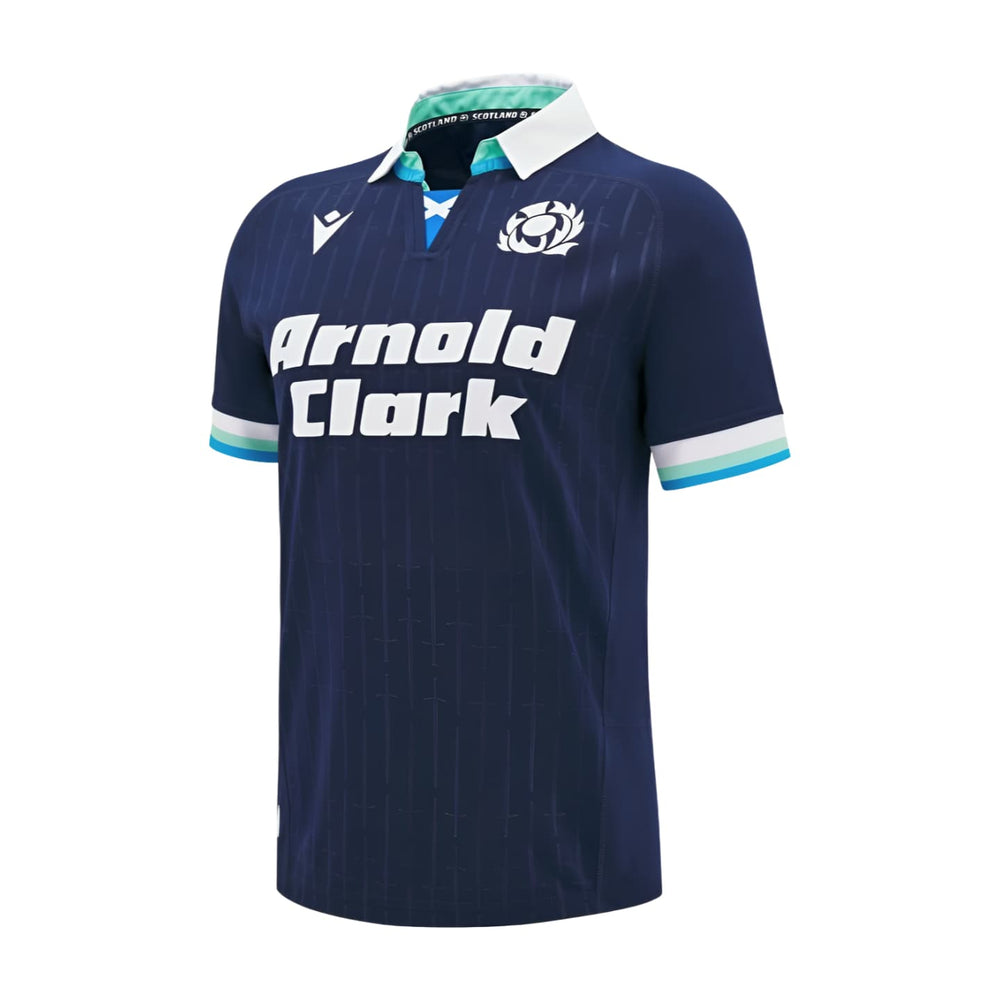 Maglia ufficiale della nazionale scozzese di rugby 2025: taglia da bambino, blu navy con logo dello sponsor Arnold Clark.