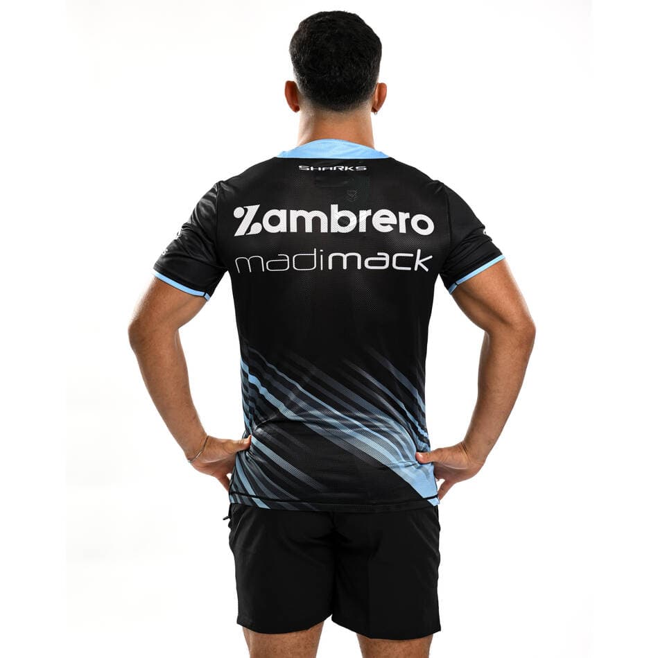 Maglia da allenamento rugby Cronulla Sharks, uomo, nera con dettagli azzurri.