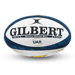 Pallone da rugby replica UAR Gilbert taglia 5, bianco con dettagli blu e gialli.