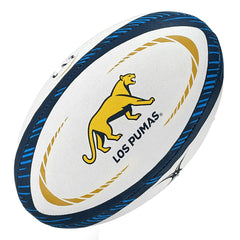 Pallone da rugby replica Argentina Pumas Gilbert bianco con logo felino e scritta "Los Pumas".