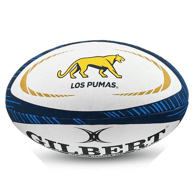 Mini pallone da rugby Gilbert, bianco, con logo Los Pumas e dettagli blu.