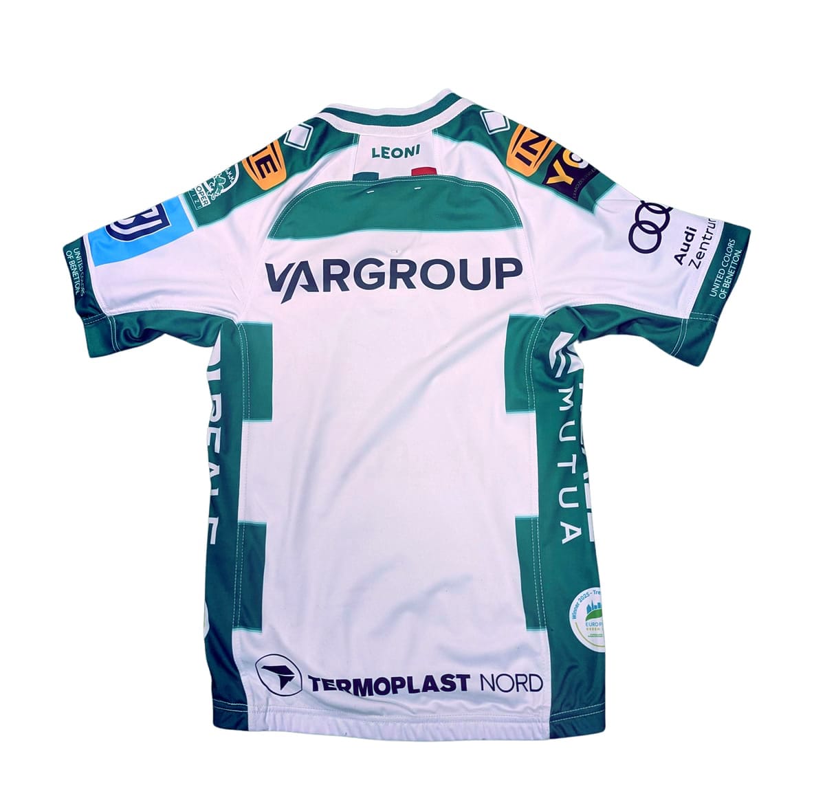 Maglia da rugby Benetton Treviso Errea 2026, bianca con dettagli verdi e loghi sponsor.