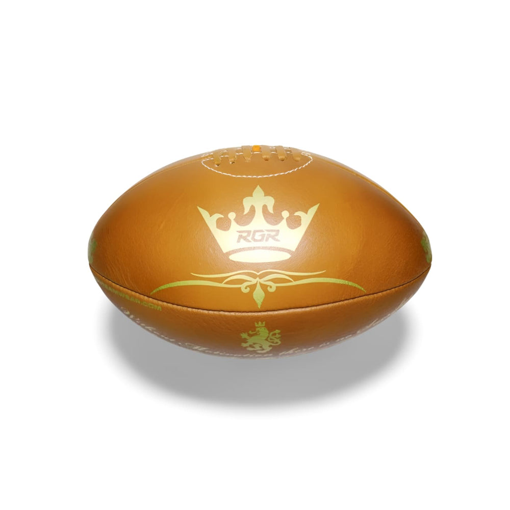 Pallone da rugby in pelle vintage Heritage RGR con corona dorata.