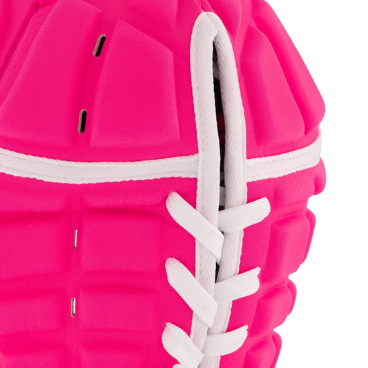 Caschetto da rugby rosa fluo Canterbury RAZE con lacci bianchi e trapuntatura protettiva.
