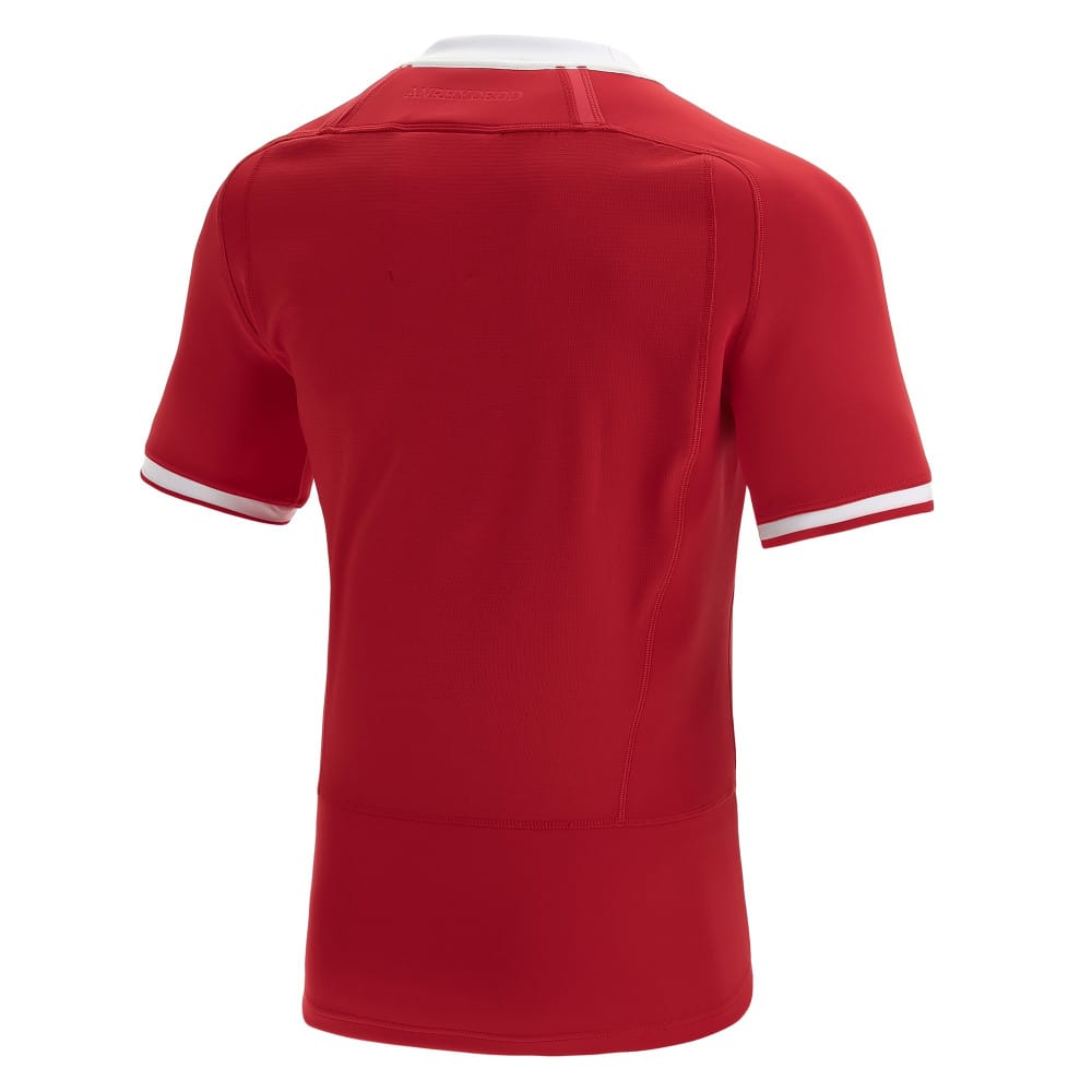 Maglia da rugby Macron Wales Home 2023: autentica maglia da rugby rossa con dettagli bianchi.