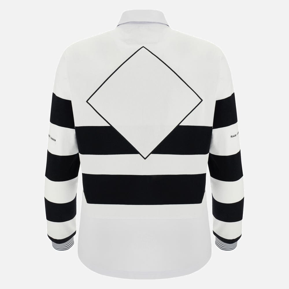 Maglia rugby Barbarians uomo a maniche lunghe in cotone, design a righe orizzontali nere e bianche con rombo sul retro.