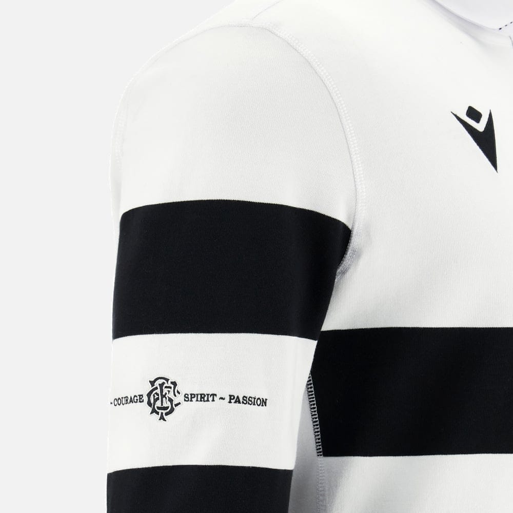 Maglia rugby Barbarians uomo, cotone bianco e nero, con scritte "Courage Spirit Passion".
