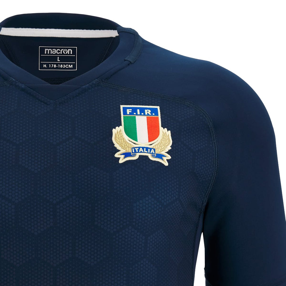 Maglia da allenamento Macron total blue per il rugby Italia, con stemma FIR.