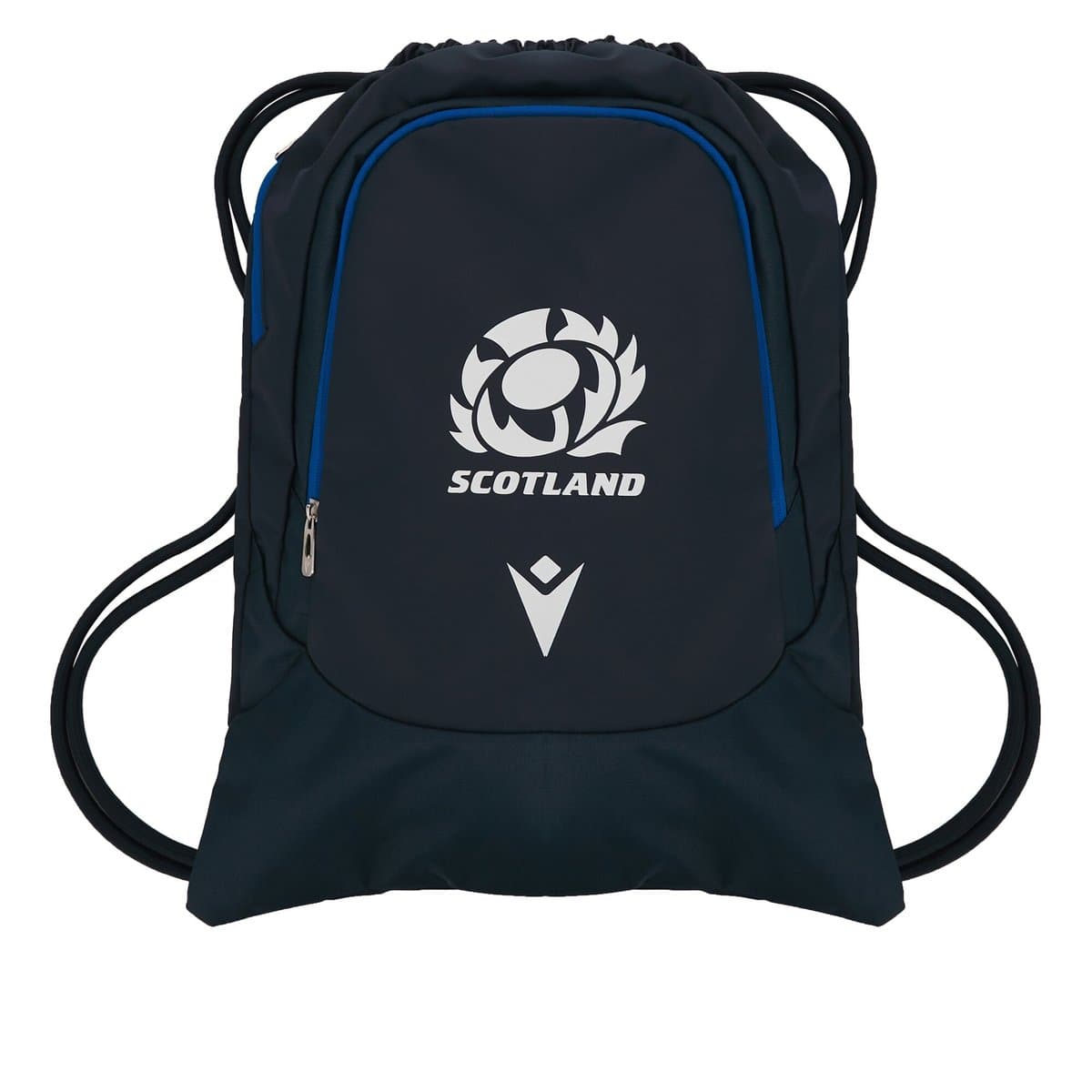 Sacca Gym Scozia Rugby Rugged: borsa sportiva con coulisse blu navy con l'emblema del cardo scozzese.