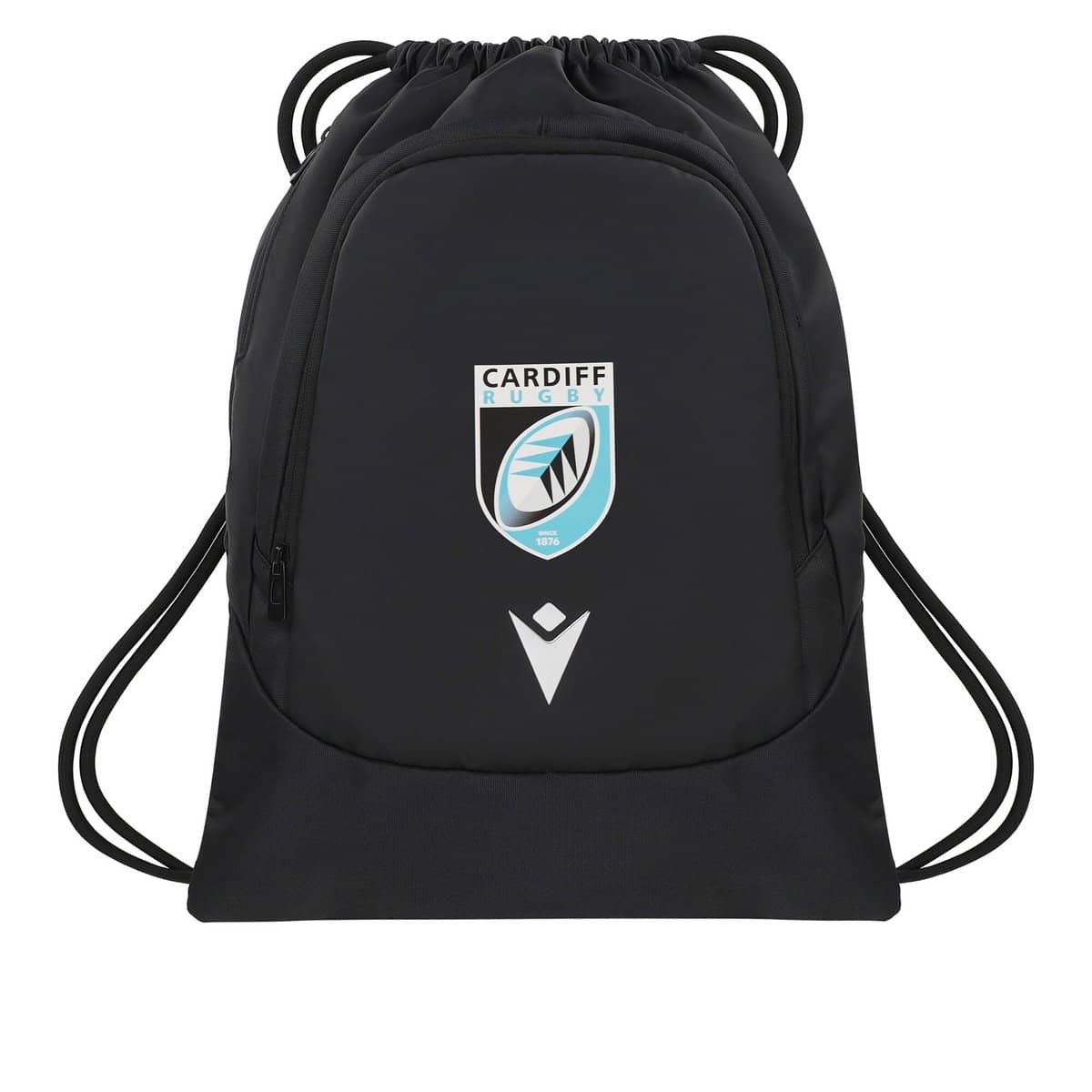 Sacca da palestra nera Cardiff Blues 2023 con logo e chiusura a coulisse.