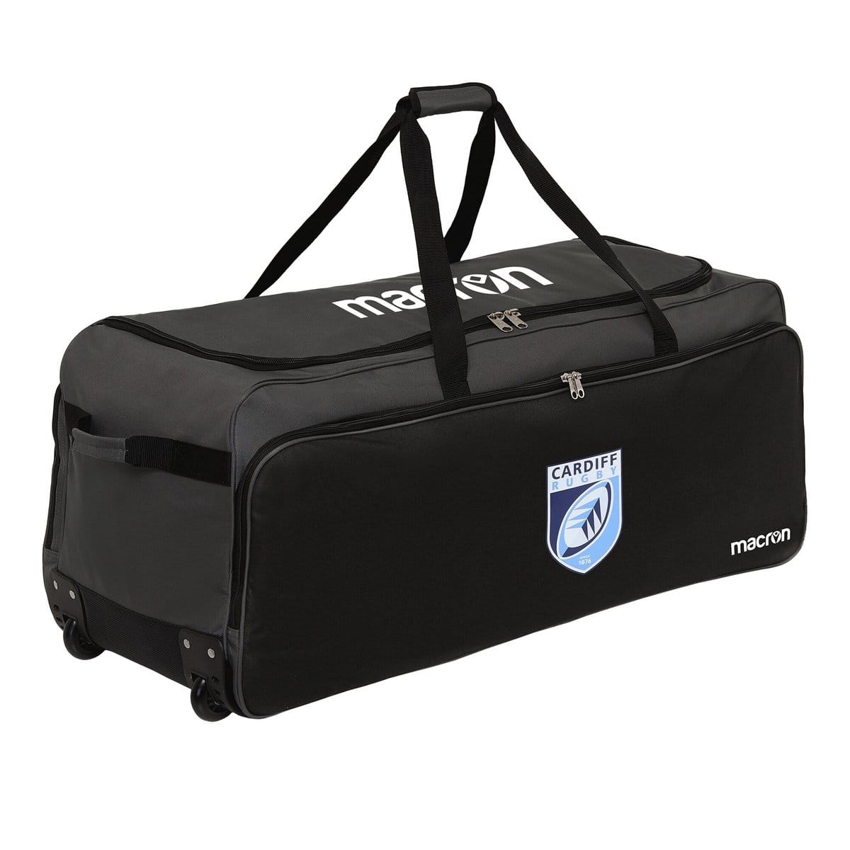 Borsone da rugby Macron Cardiff extra large in tessuto tecnico grigio e nero con ruote.