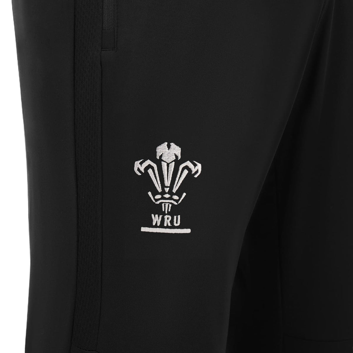 Pantalone lungo da rugby nero WRU con logo ricamato, vestibilità aderente.