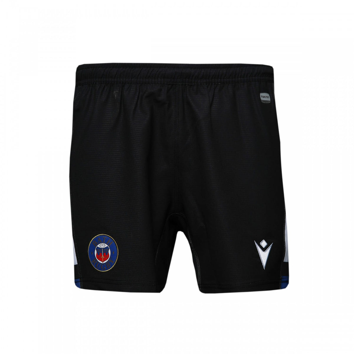 Pantaloncini da rugby Macron Bath Home 2023 neri con stemma e dettagli bianchi.