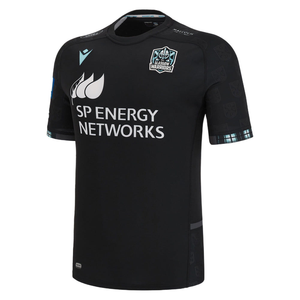 Maglia da rugby casalinga dei Glasgow Warriors Youth 2023: maglia nera con logo della squadra e sponsor SP Energy Networks.