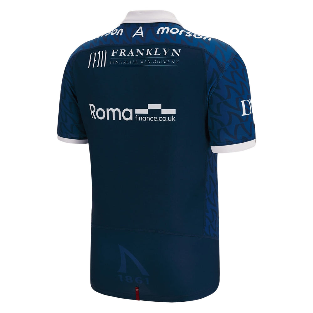 Maglia da rugby Home Sharks 2023 in saldo: maglia blu navy con loghi degli sponsor, ideale per tifosi e giocatori.