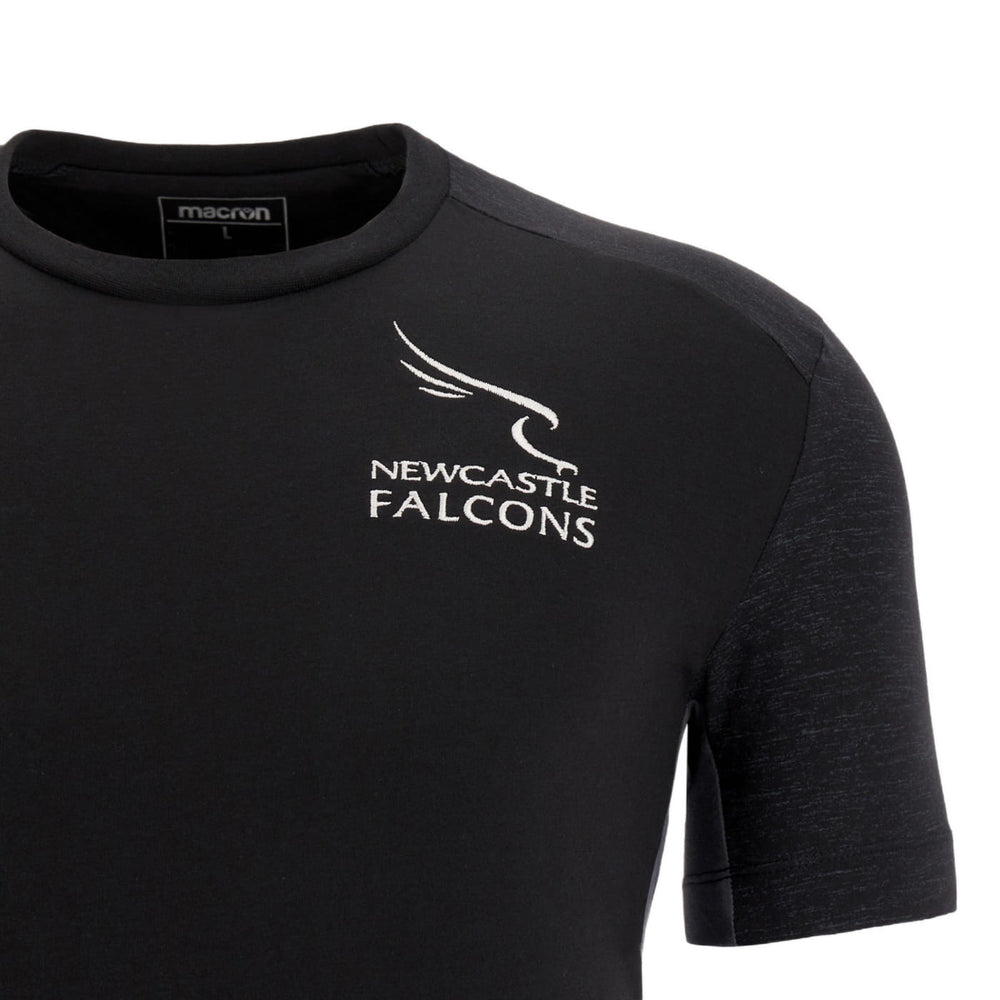 Maglia da rugby Macron Newcastle Falcons nera, cotone, logo ricamato.