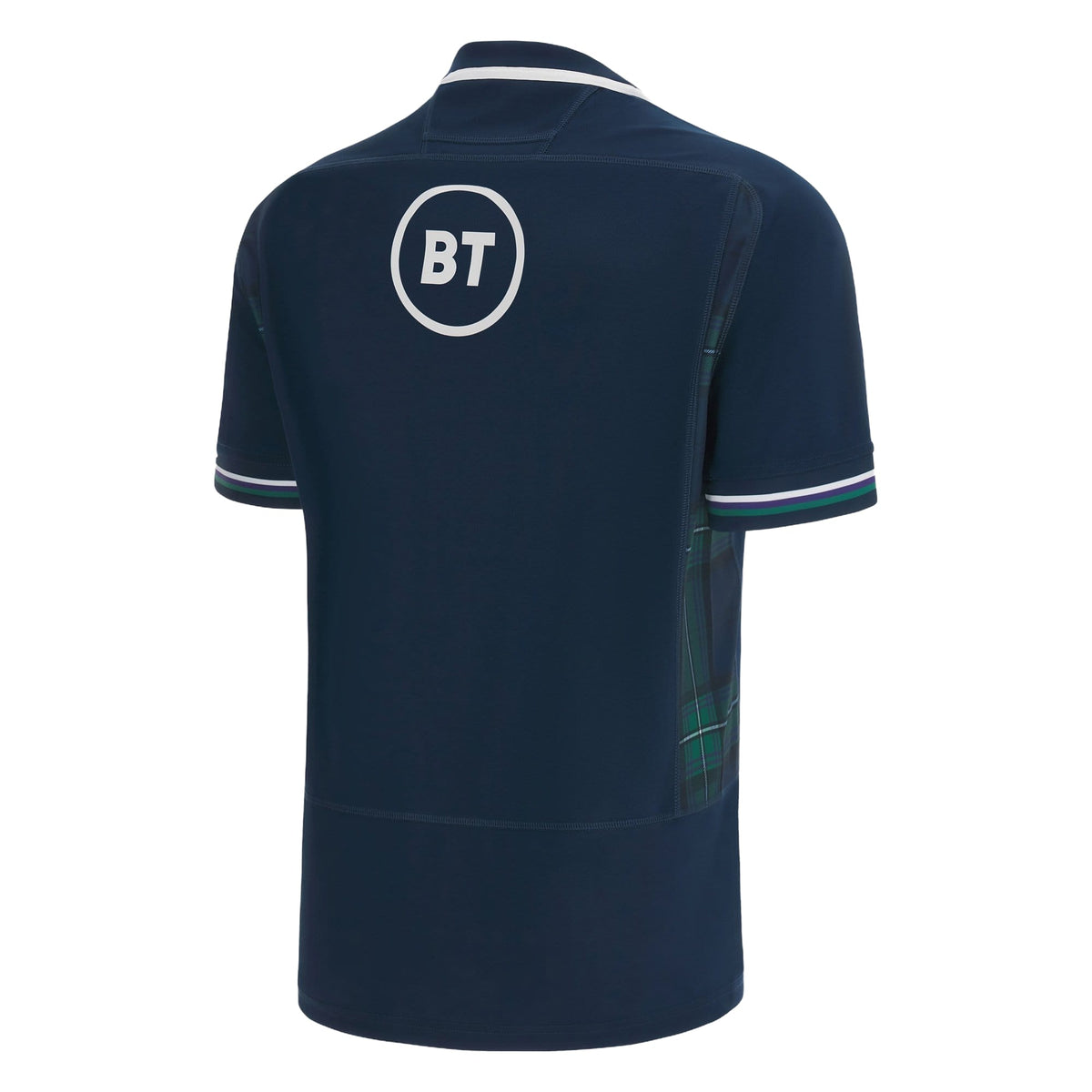 Maglia replica casalinga della Scozia Rugby 2024: maglia blu navy per bambini Macron con logo BT e dettagli tartan