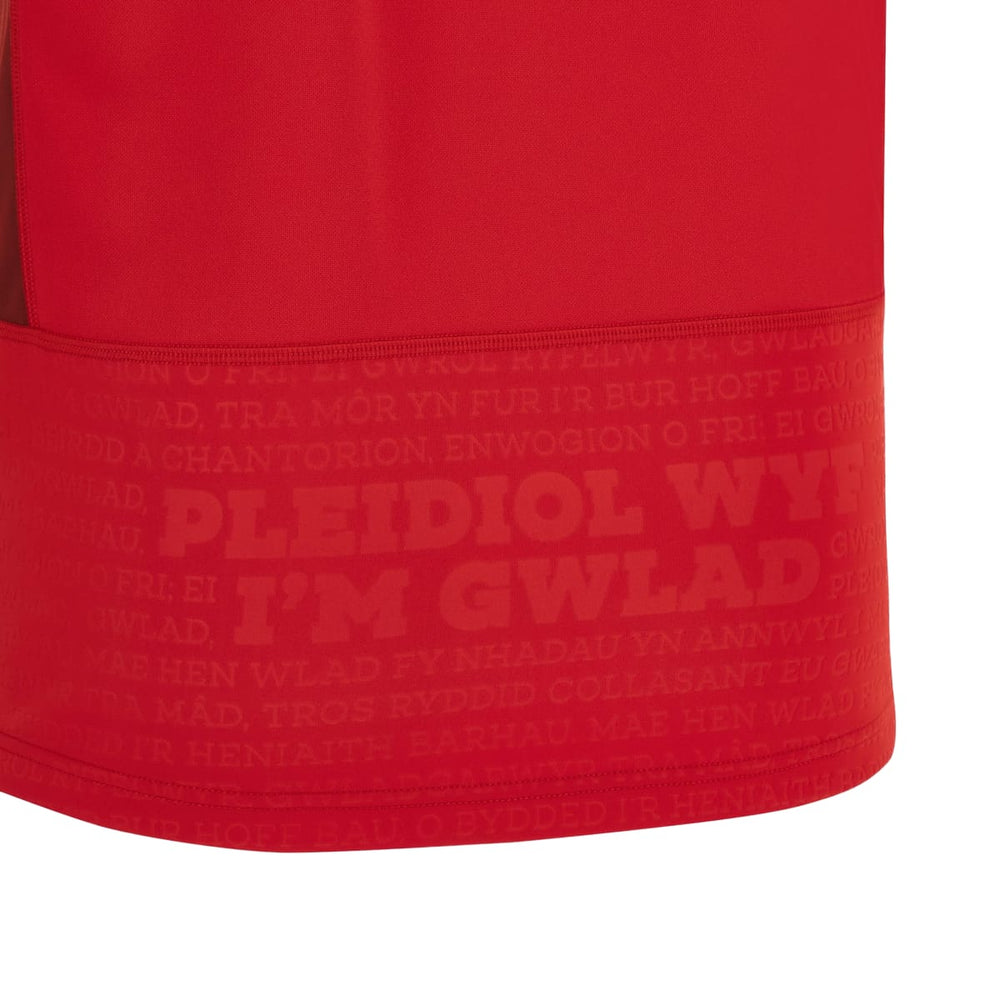 Maglia Macron Wales Rugby 2024 Home Replica: dettaglio maglia rossa con scritta in gallese "PLEIDIOL WYF I M WYLAD"