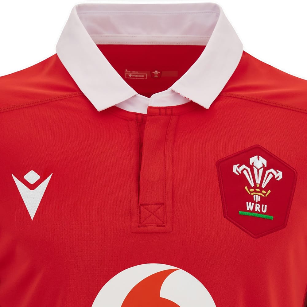 Maglia da rugby Macron Wales 2024: replica della maglia da rugby rossa per bambini con il drago gallese e lo stemma WRU.