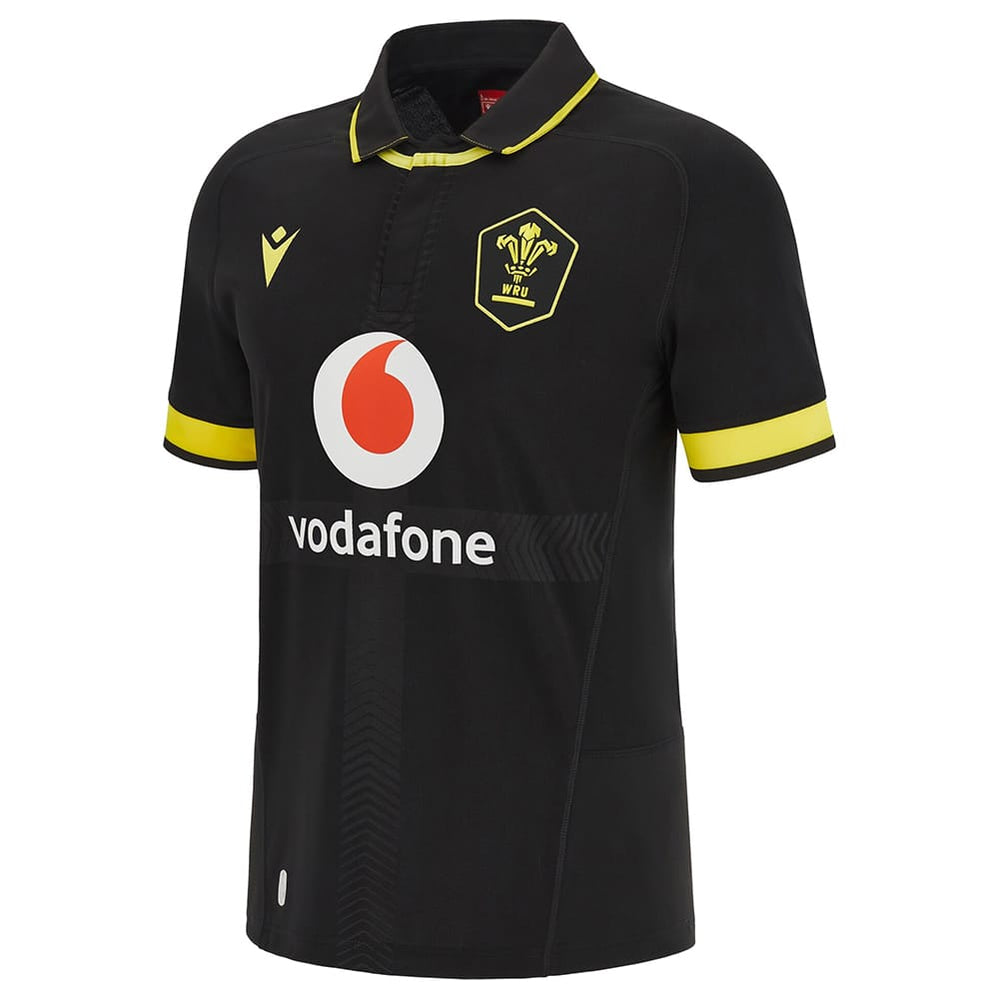 Maglia da rugby Galles Authentic M24 Away nera con logo Vodafone e stemma WRU.