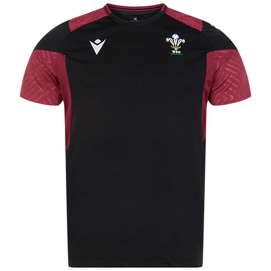 Maglia da allenamento rugby Galles Macron nera con inserti bordeaux e stemma WRU.