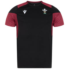 Maglia da allenamento rugby Galles Macron nera con inserti bordeaux e stemma WRU.