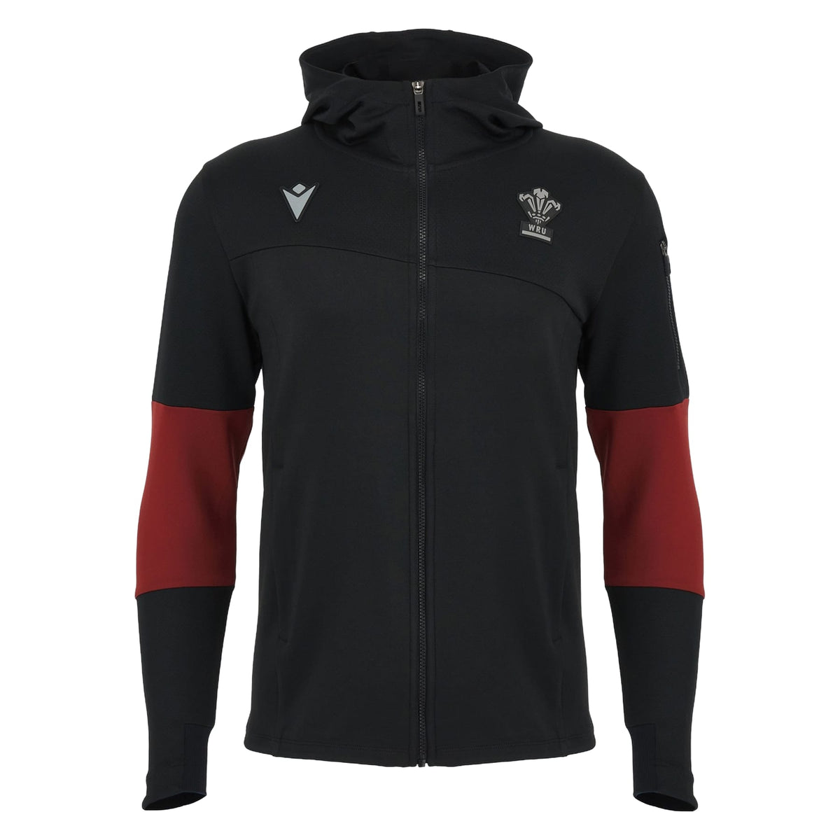 Felpa con cappuccio da rugby Galles Macron nera e bordeaux, logo WRU.