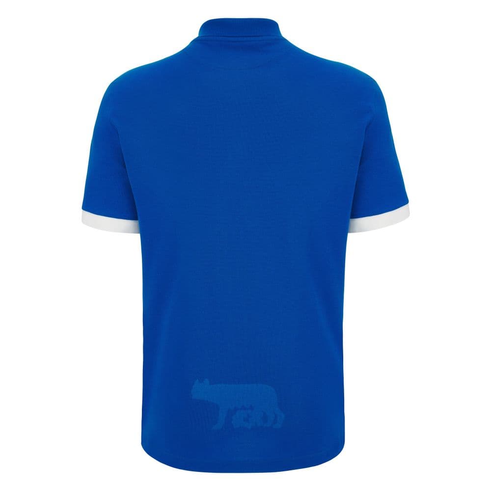 Maglia Rugby Italia replica cotone piquet 2024: Blue Italy rugby shirt, 2024 replica, cotton pique polo with white sleeves.
