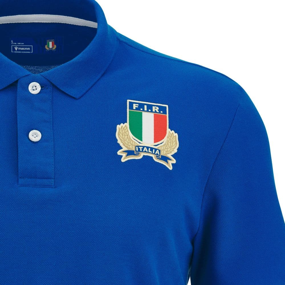 Maglia Rugby Italia replica cotone piquet 2024: Blue cotton pique polo shirt featuring the Italian Rugby Federation (FIR) crest.  Perfect for fans.