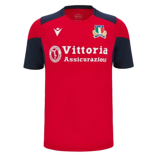Maglia rugby Italia FIR allenamento 2023/24 Rossa: Official Italian rugby team training jersey. Red with navy sleeves, Vittoria Assicurazioni sponsor logo.