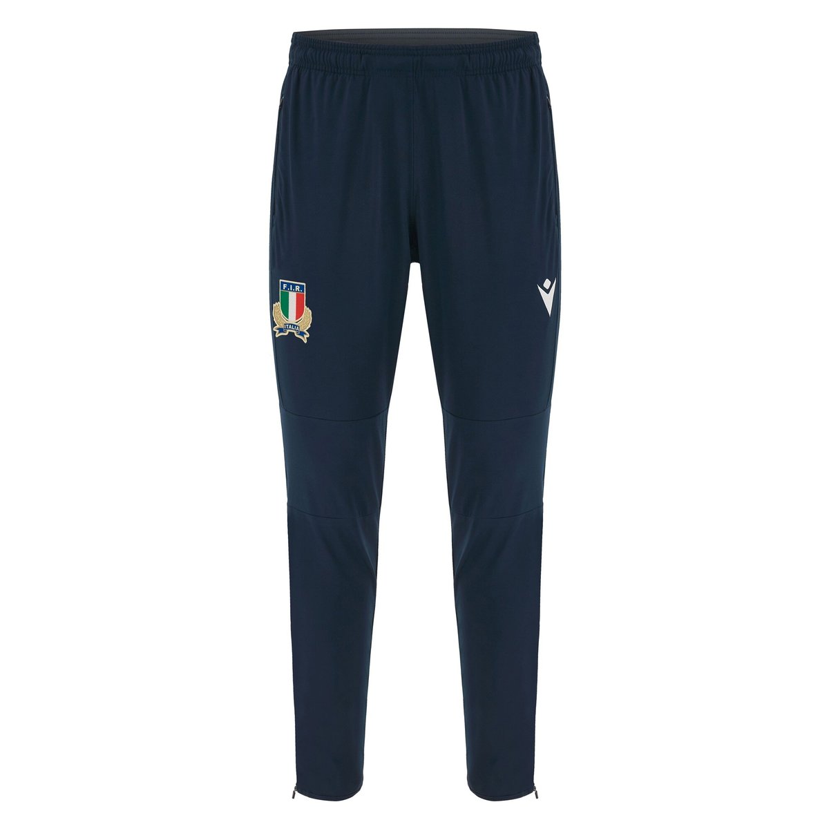 Pantalone lungo da viaggio da uomo Italia Rugby Macron blu in poliestere, vestibilità aderente.