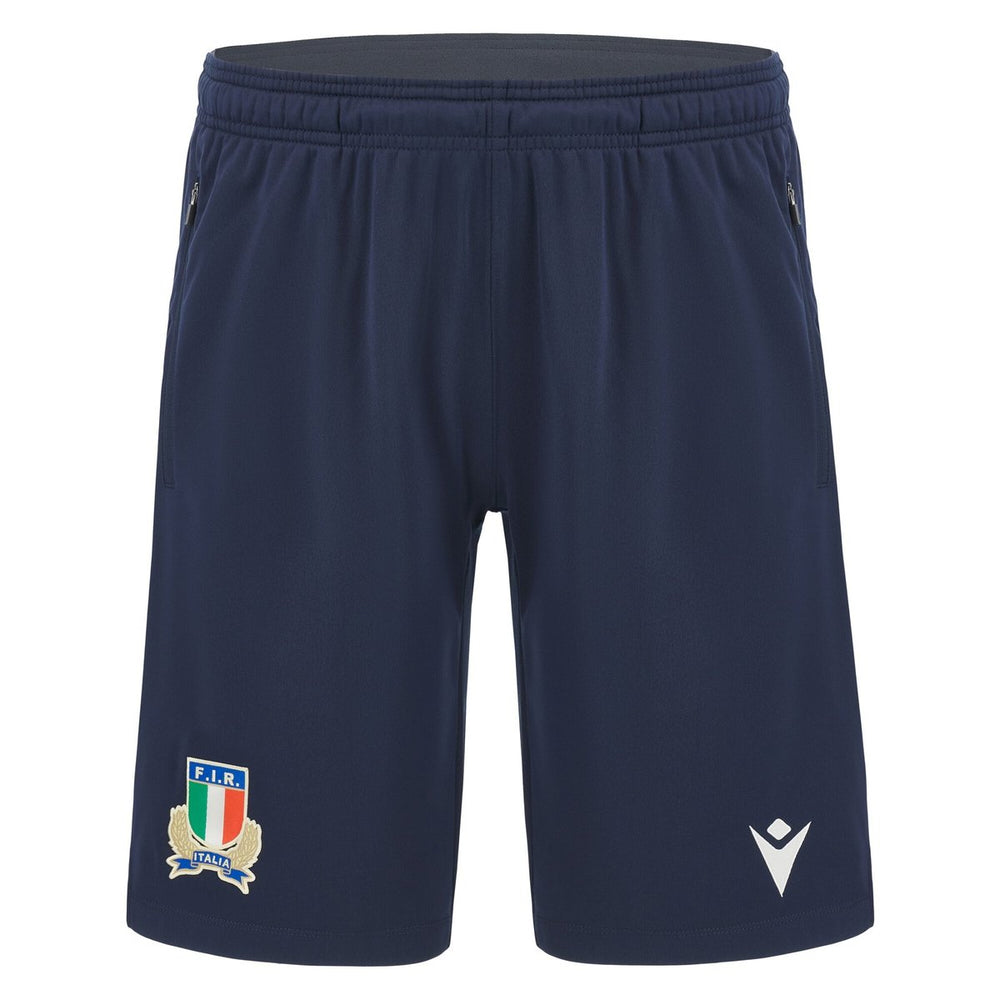 Bermuda Italia Rugby Fir da Allenamento 2023-2024: pantaloncini sportivi blu navy con loghi della squadra.