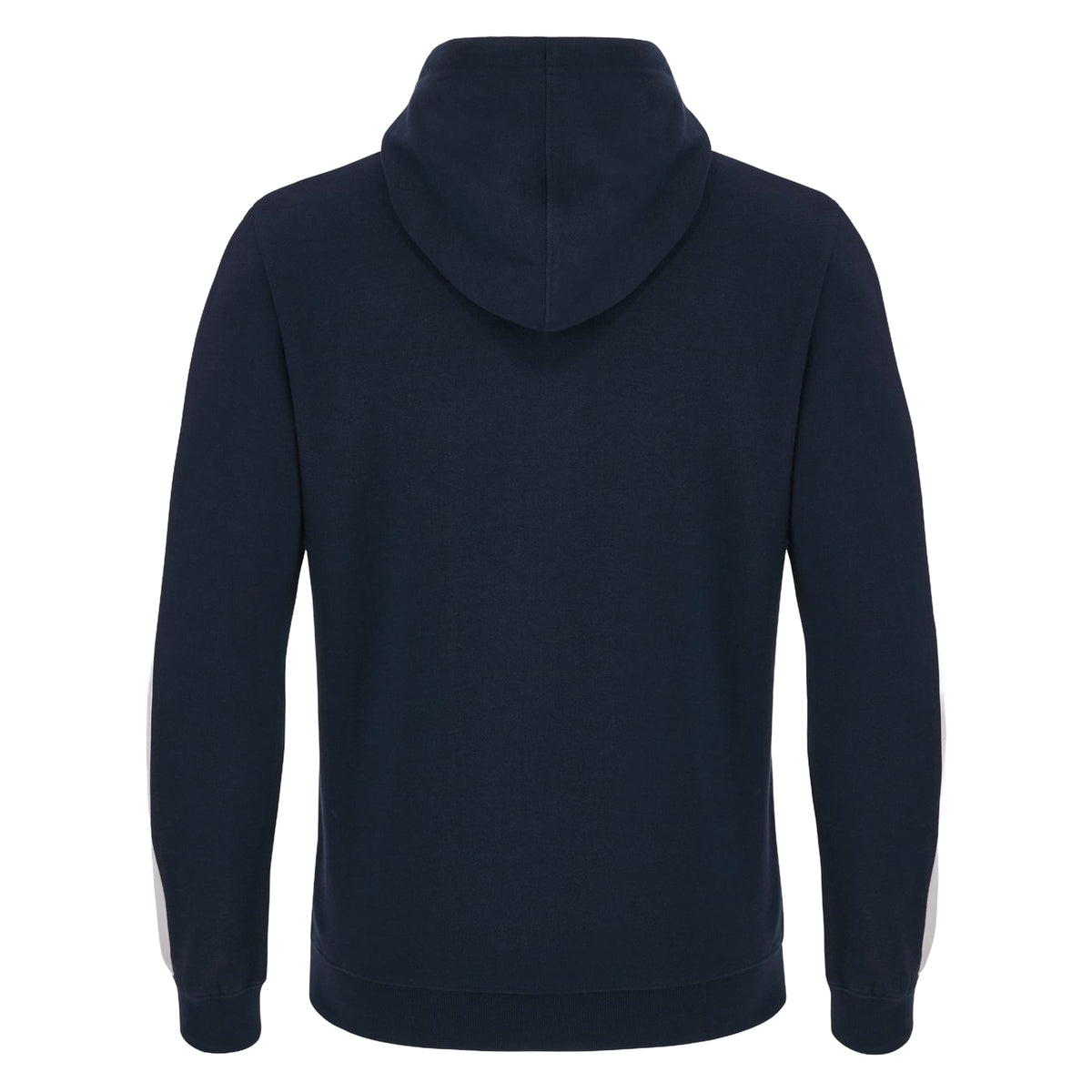 Felpa blu bambino con cappuccio e zip lunga, dettaglio banda laterale bianca.