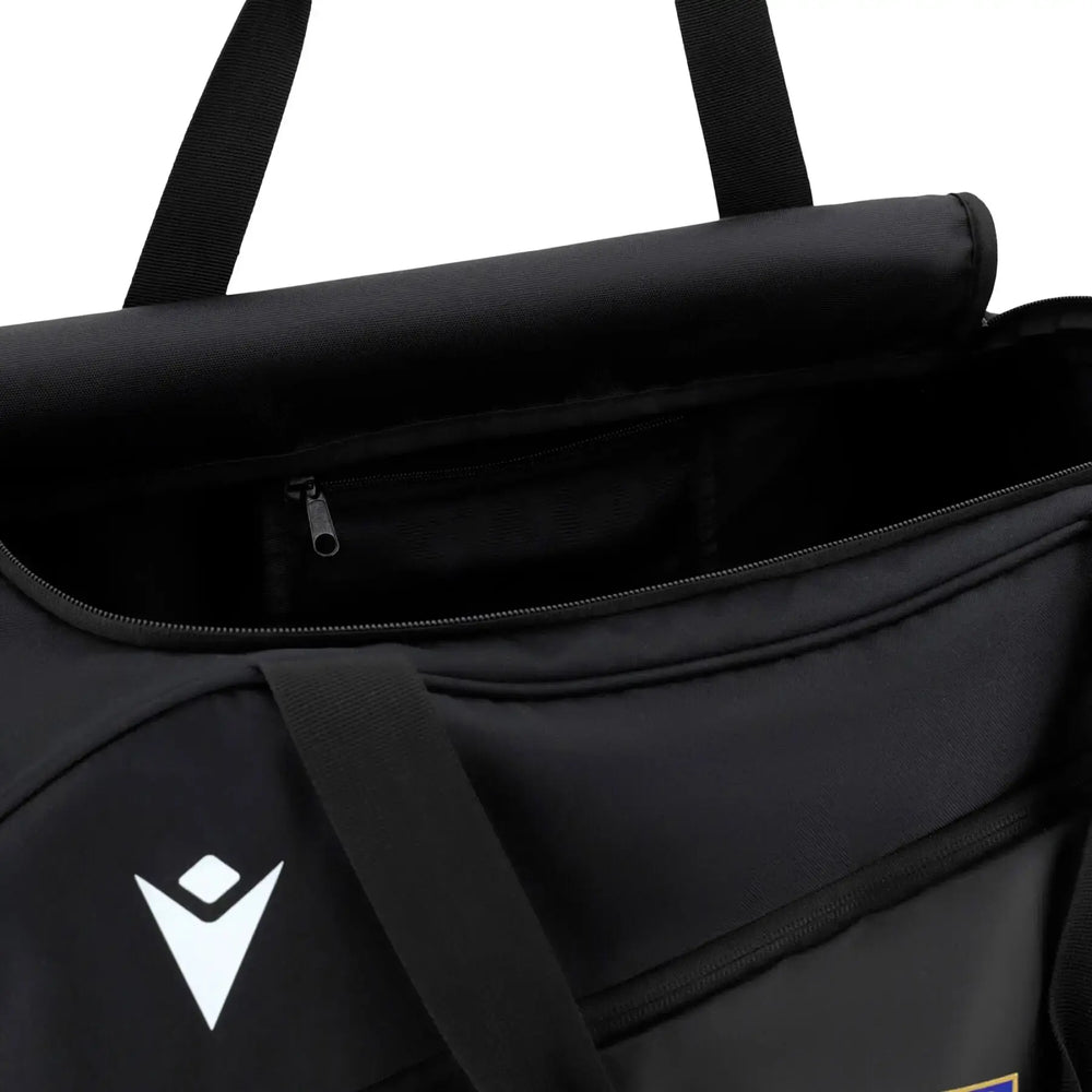 Borsa da palestra ufficiale della nazionale italiana di rugby FIR: borsone sportivo nero con logo bianco, ideale per l'allenamento e i viaggi.