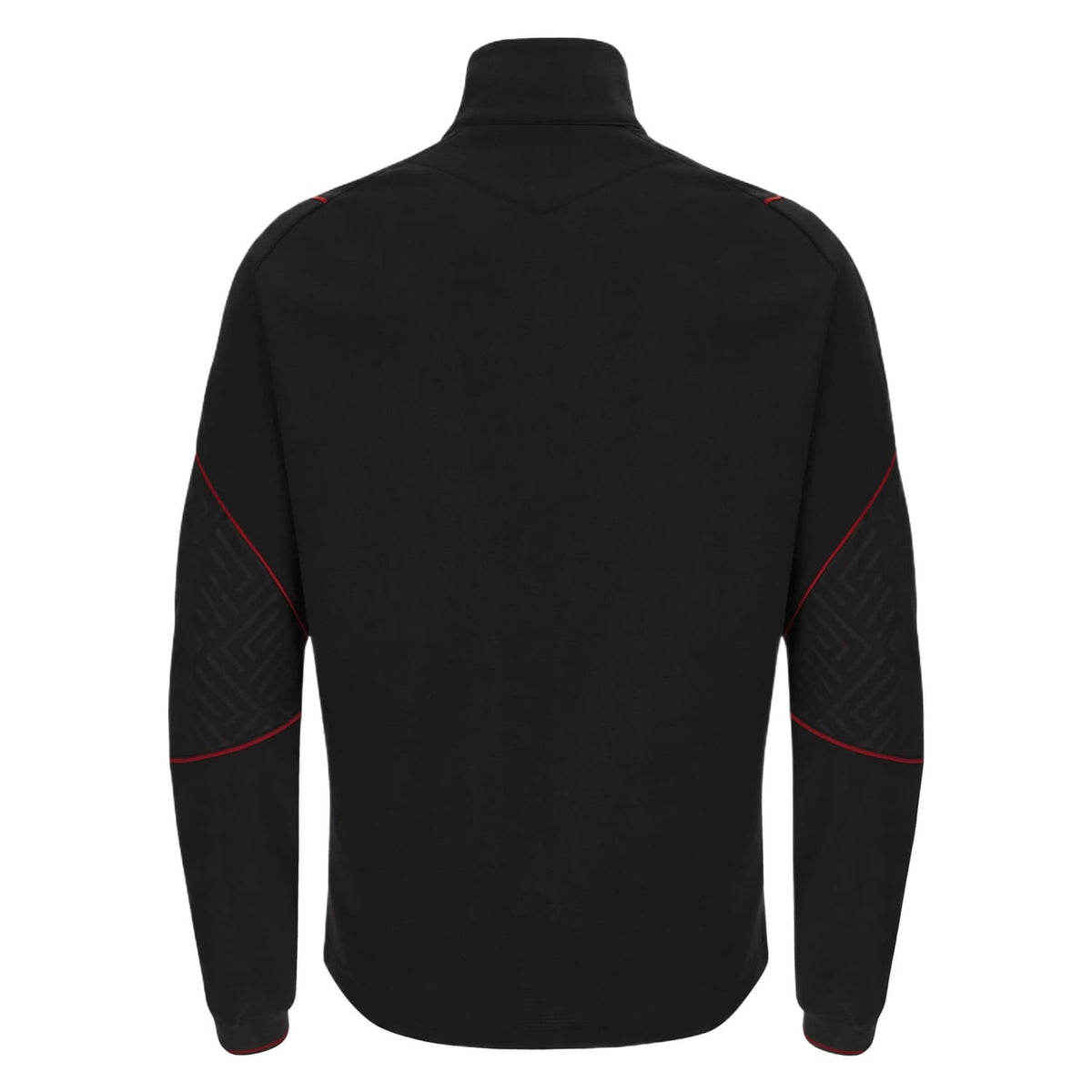Felpa Macron Rugby Galles 2024 nera con zip mezza lunghezza e dettagli rossi.